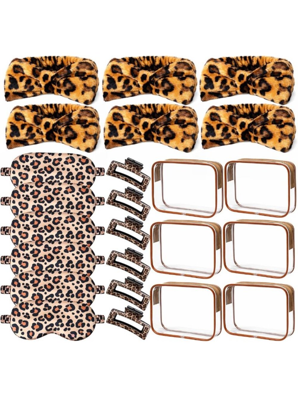 Cheetah Print Party Favors Set - Spa Headbands, Eye Masks, Claw Clips & Bags